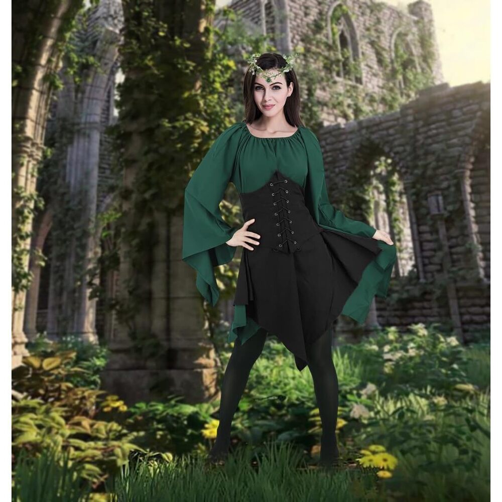 5823 7 Pcs Renaissance Costume Medieval Bell Sleeves Dress - Picture 5 of 5